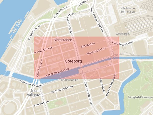 Karta som med röd fyrkant ramar in Köpmansgatan, Göteborg, Västra Götalands län
