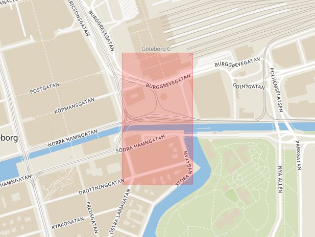 Karta som med röd fyrkant ramar in Drottningtorget, Göteborg, Västra Götalands län