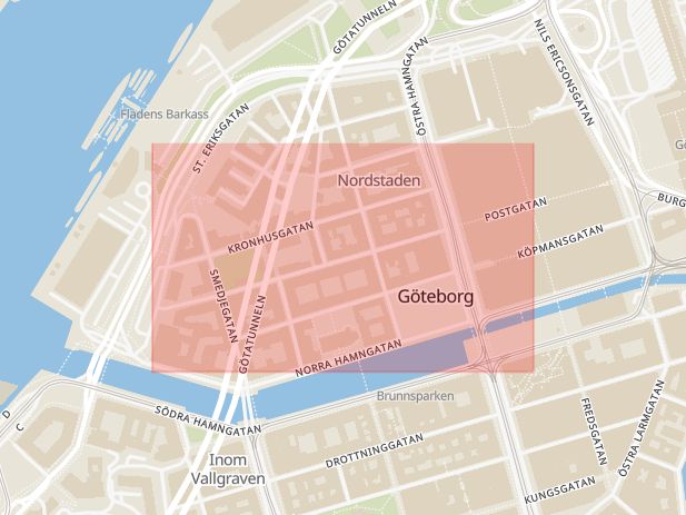 Karta som med röd fyrkant ramar in Postgatan, Göteborg, Västra Götalands län