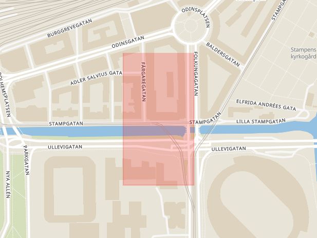 Karta som med röd fyrkant ramar in Stampgatan, Polhemsplatsen, Göteborg, Västra Götalands län