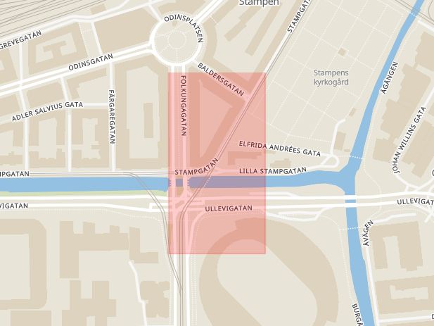 Karta som med röd fyrkant ramar in Stampen, Stampgatan, Ullevi Norra, Göteborg, Västra Götalands län