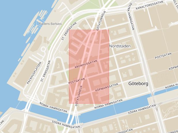 Karta som med röd fyrkant ramar in Kronhusbodarna, Nordstan, Göteborg, Västra Götalands län