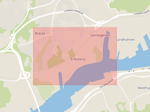 Karta som med röd fyrkant ramar in Eriksberg, Skellefteå, Västra Götalands län