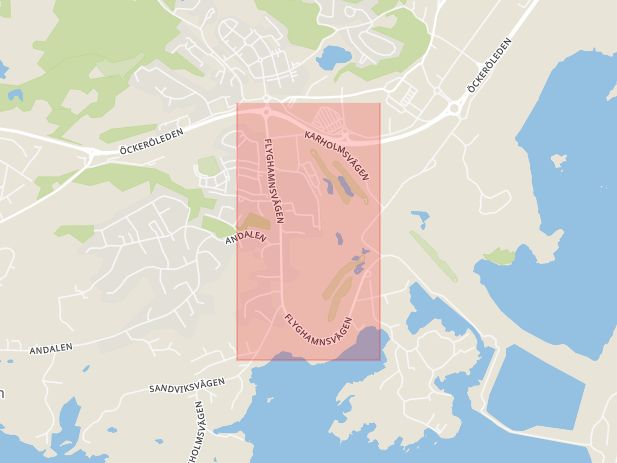 Karta som med röd fyrkant ramar in Flyghamnsvägen, Torslanda, Göteborg, Uddevalla, Lilla Kungsgatan, Västra Götalands län