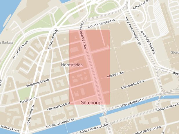 Karta som med röd fyrkant ramar in Otterhällan, Östra Hamngatan, Kronhusgatan, Göteborg, Västra Götalands län