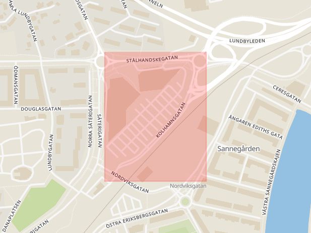 Karta som med röd fyrkant ramar in Kolhamnsgatan, Sannegården, Göteborg, Västra Götalands län