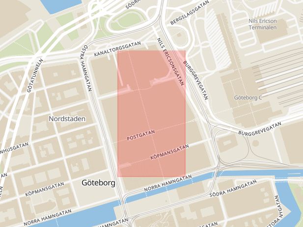 Karta som med röd fyrkant ramar in Sankt Eriksgatan, Nordstan, Göteborg, Västra Götalands län