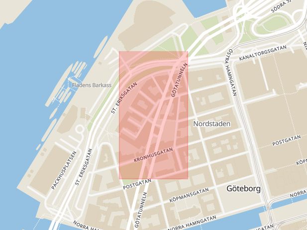 Karta som med röd fyrkant ramar in Sandgärdsgatan, Vasagatan, Surte, Rörstrandsgatan, Övre Spannmålsgatan, Västra Götalands län