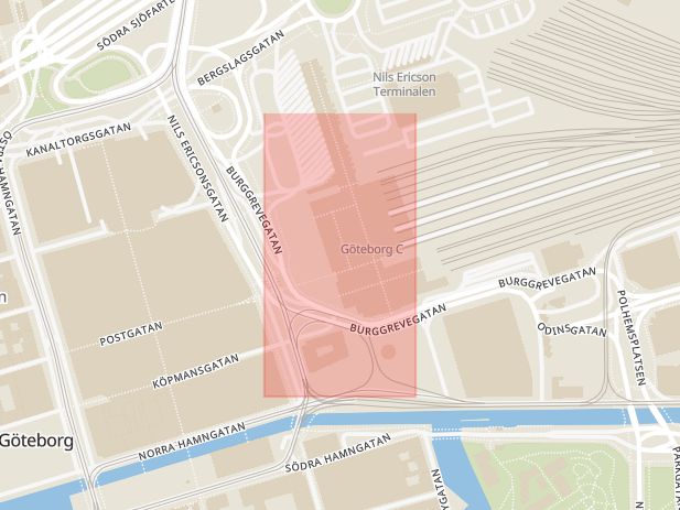 Karta som med röd fyrkant ramar in Centralen, Göteborg