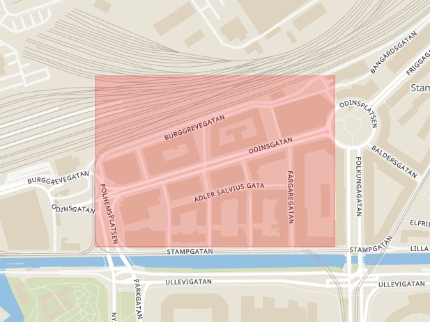 Karta som med röd fyrkant ramar in Odinsgatan, Svingeln, Göteborg, Västra Götalands län