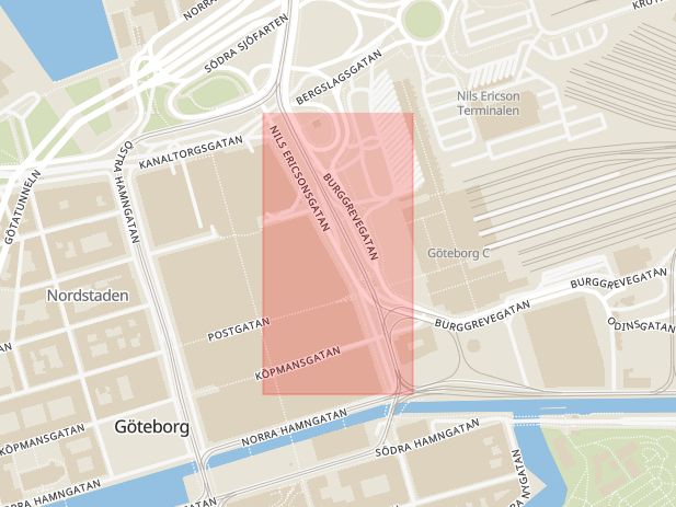 Karta som med röd fyrkant ramar in Nils Ericsonsplatsen, Göteborg, Västra Götalands län