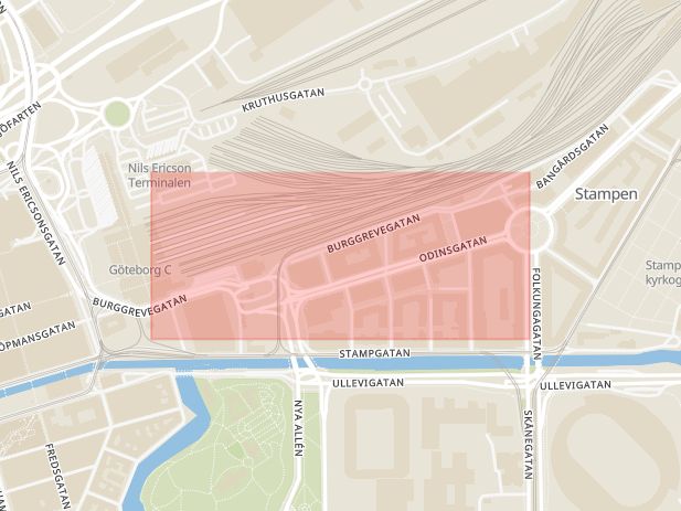 Karta som med röd fyrkant ramar in Burggrevegatan, Göteborg, Västra Götalands län