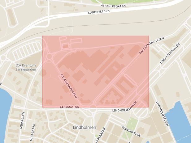 Karta som med röd fyrkant ramar in Lindholmen, Polstjärnegatan, Göteborg, Västra Götalands län