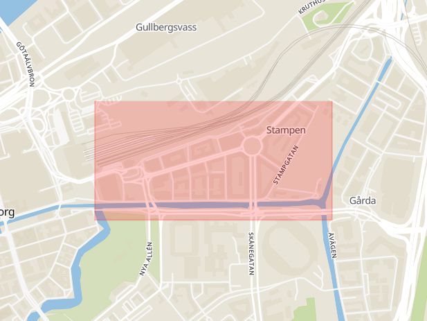Karta som med röd fyrkant ramar in Stampen, Stampgatan, Göteborg, Västra Götalands län