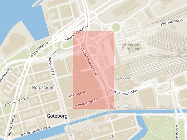 Karta som med röd fyrkant ramar in Nordstaden, Nils Ericsonsgatan, Göteborg, Västra Götalands län