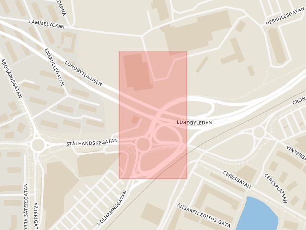 Karta som med röd fyrkant ramar in Inlandsgatan, Lundbyleden, Lundbytunneln, Göteborg, Västra Götalands län