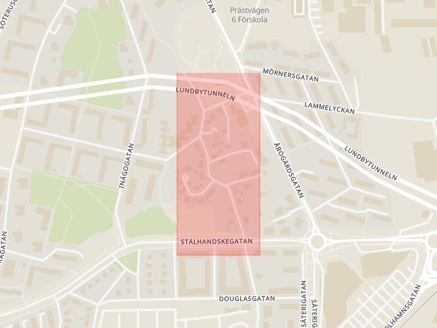 Karta som med röd fyrkant ramar in Gamla Lundbygatan, Göteborg, Västra Götalands län