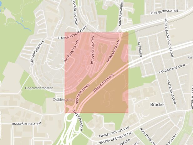 Karta som med röd fyrkant ramar in Yrvädersgatan, Göteborg, Västra Götalands län