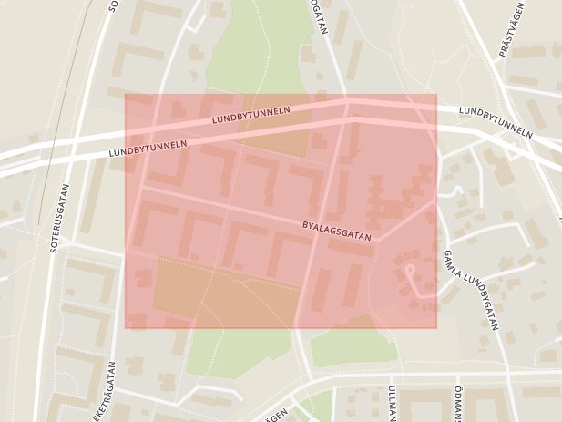 Karta som med röd fyrkant ramar in Kyrkbyn, Byalagsgatan, Göteborg, Västra Götalands län