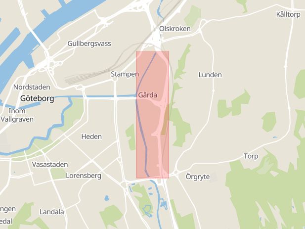 Karta som med röd fyrkant ramar in Gårda, Göteborg, Västra Götalands län