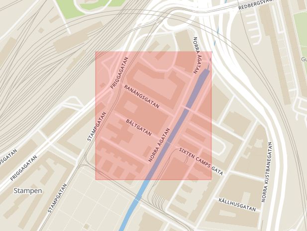 Karta som med röd fyrkant ramar in Stampen, Norra Ågatan, Göteborg, Västra Götalands län