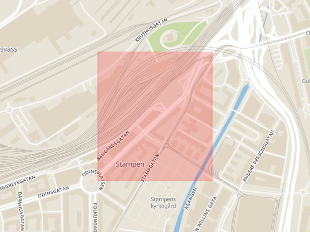 Karta som med röd fyrkant ramar in Friggagatan, Stampen, Göteborg, Västra Götalands län