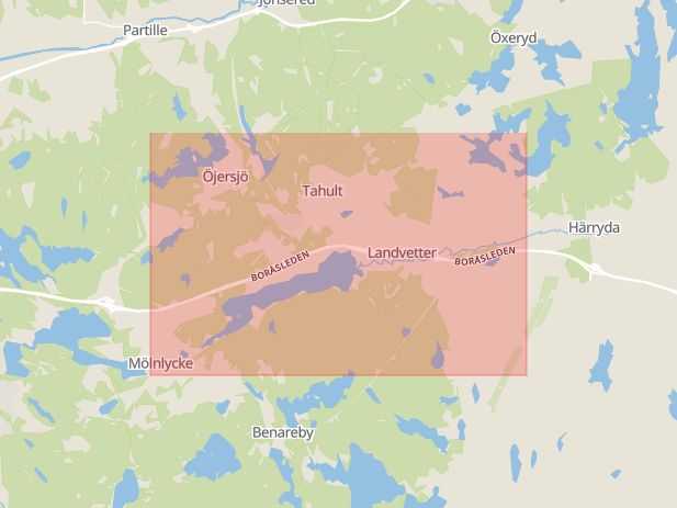 Karta som med röd fyrkant ramar in Landvetter, Härryda, Västra Götalands län
