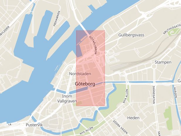 Karta som med röd fyrkant ramar in Östra Hamngatan, Göteborg, Västra Götalands län