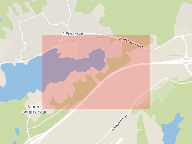 Karta som med röd fyrkant ramar in Viared, Borås, Västra Götalands län