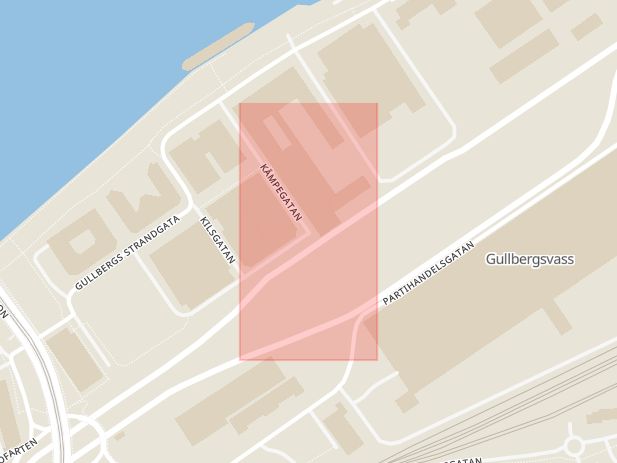 Karta som med röd fyrkant ramar in Kilsgatan, Kämpegatan, Gullbergsvass, Göteborg, Västra Götalands län
