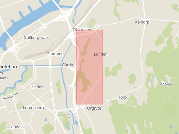 Karta som med röd fyrkant ramar in Lunden, Danska Vägen, Göteborg, Västra Götalands län