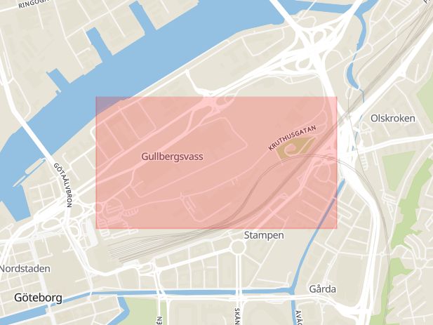Karta som med röd fyrkant ramar in Kruthusgatan, Göteborg, Västra Götalands län