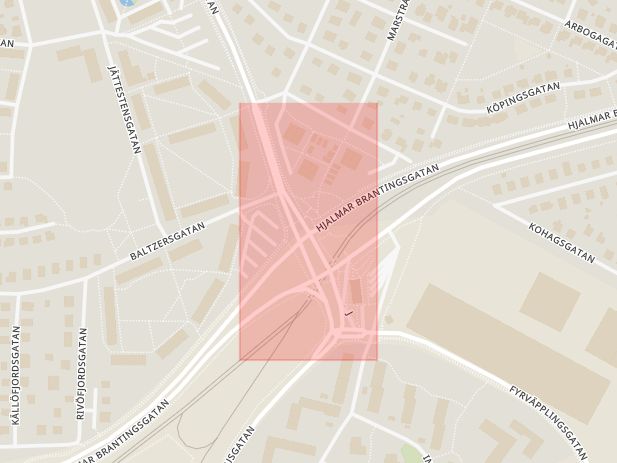 Karta som med röd fyrkant ramar in Hjalmar Brantingsgatan, Långströmsgatan, Göteborg, Västra Götalands län