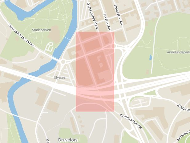 Karta som med röd fyrkant ramar in Bryggaregatan, Borås, Västra Götalands län