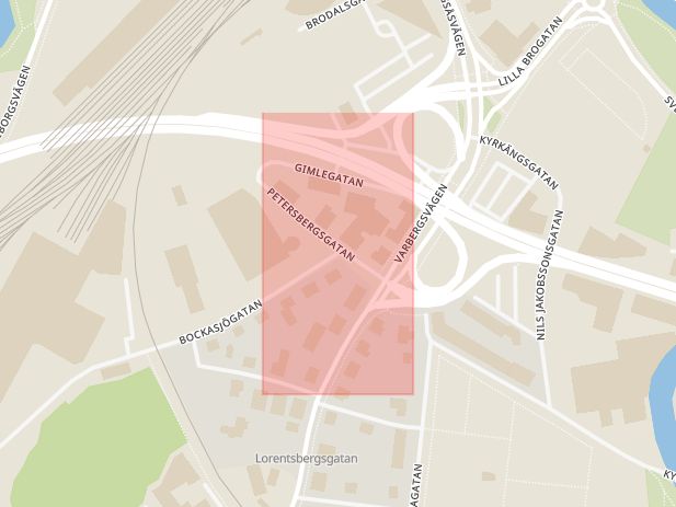 Karta som med röd fyrkant ramar in Bockasjögatan, Petersbergsgatan, Borås, Västra Götalands län