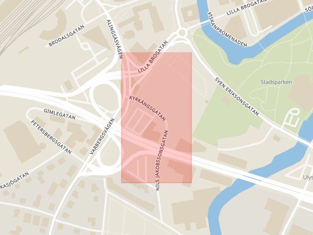 Karta som med röd fyrkant ramar in Borås, Kryddgårdsgatan, Kyrkängsgatan, Vänersborg, Frändefors, Västra Götalands län