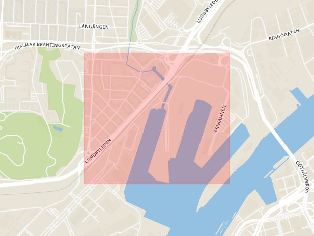 Karta som med röd fyrkant ramar in Lundby Hamngata, Göteborg, Västra Götalands län