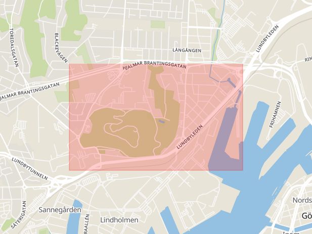 Karta som med röd fyrkant ramar in Herkulesgatan, Vårväderstorget, Långströmsgatan, Göteborg, Västra Götalands län