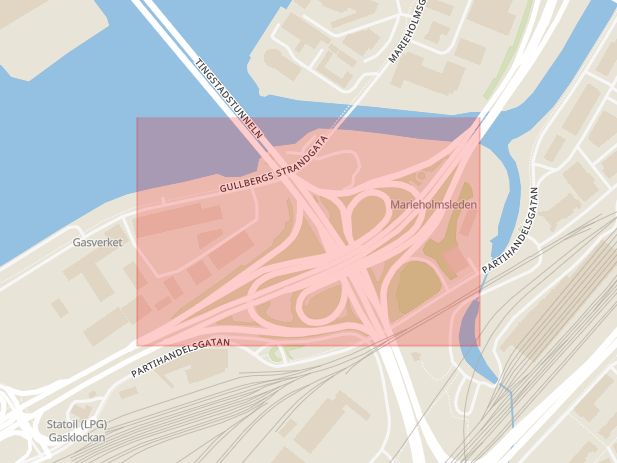 Karta som med röd fyrkant ramar in Gullbergsvass, Tingstadstunneln, Göteborg, Västra Götalands län