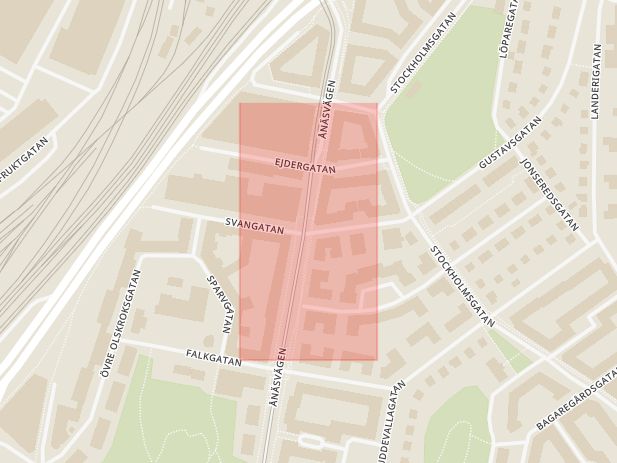 Karta som med röd fyrkant ramar in Redbergslid, Svangatan, Ejdergatan, Göteborg, Västra Götalands län