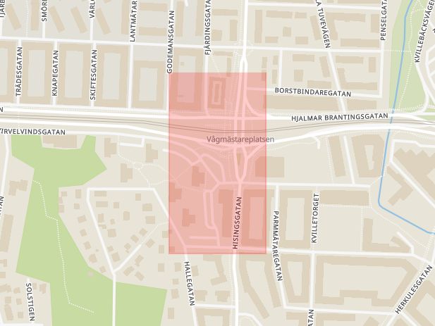 Karta som med röd fyrkant ramar in Marklandsgatan, Virvelvindsgatan, Göteborg, Västra Götalands län