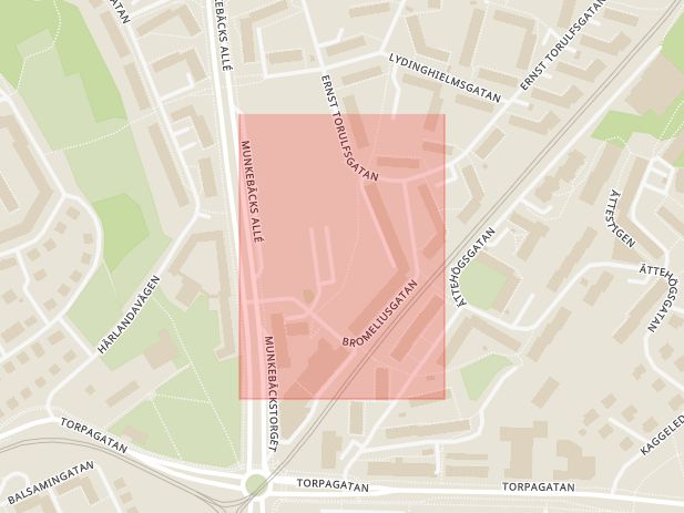 Karta som med röd fyrkant ramar in Bromeliusgatan, Göteborg, Västra Götalands län