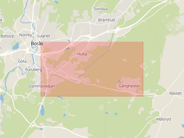 Karta som med röd fyrkant ramar in Borås, Bollebygd, Trandared, Göteborg, Västra Götalands län