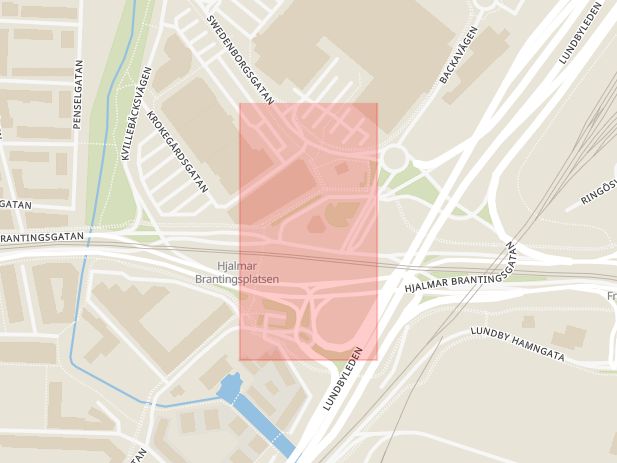 Karta som med röd fyrkant ramar in Hjalmar Brantingsplatsen, Göteborg, Västra Götalands län