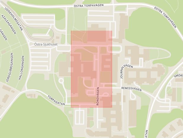 Karta som med röd fyrkant ramar in Björkekärr, Träkilsgatan, Sahlgrenska Sjukhuset, Göteborg, Västra Götalands län