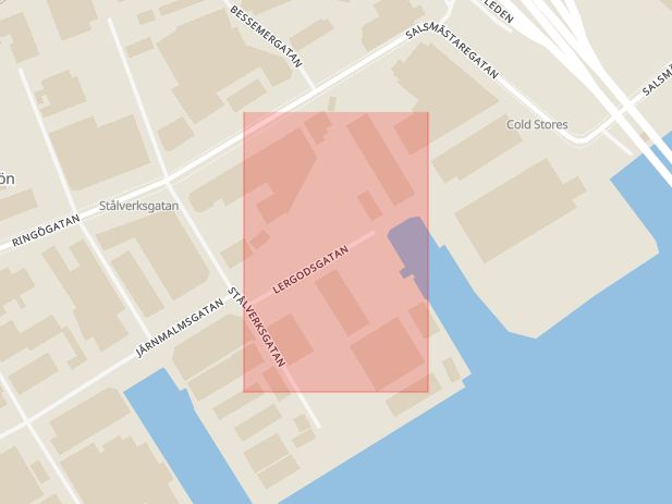 Karta som med röd fyrkant ramar in Lergodsgatan, Ringön, Stig, Göteborg, Västra Götalands län