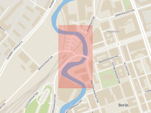 Karta som med röd fyrkant ramar in Magasinsgatan, Sven Eriksonsgatan, Borås, Västra Götalands län