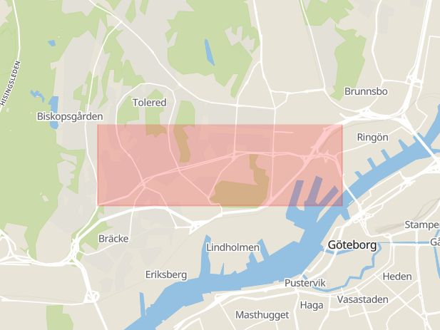 Karta som med röd fyrkant ramar in Hjalmar Brantingsgatan, Sahlgrenska, Göteborg, Västra Götalands län