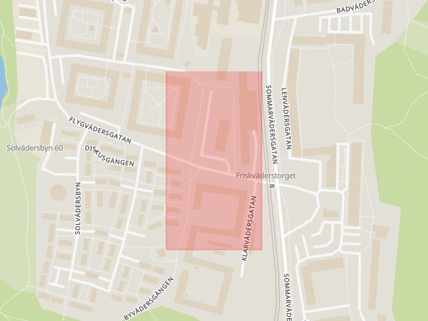 Karta som med röd fyrkant ramar in Friskväderstorget, Biskopsgården, Göteborg, Västra Götalands län