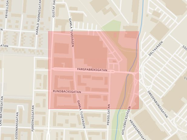 Karta som med röd fyrkant ramar in Färgfabriksgatan, Göteborg, Västra Götalands län